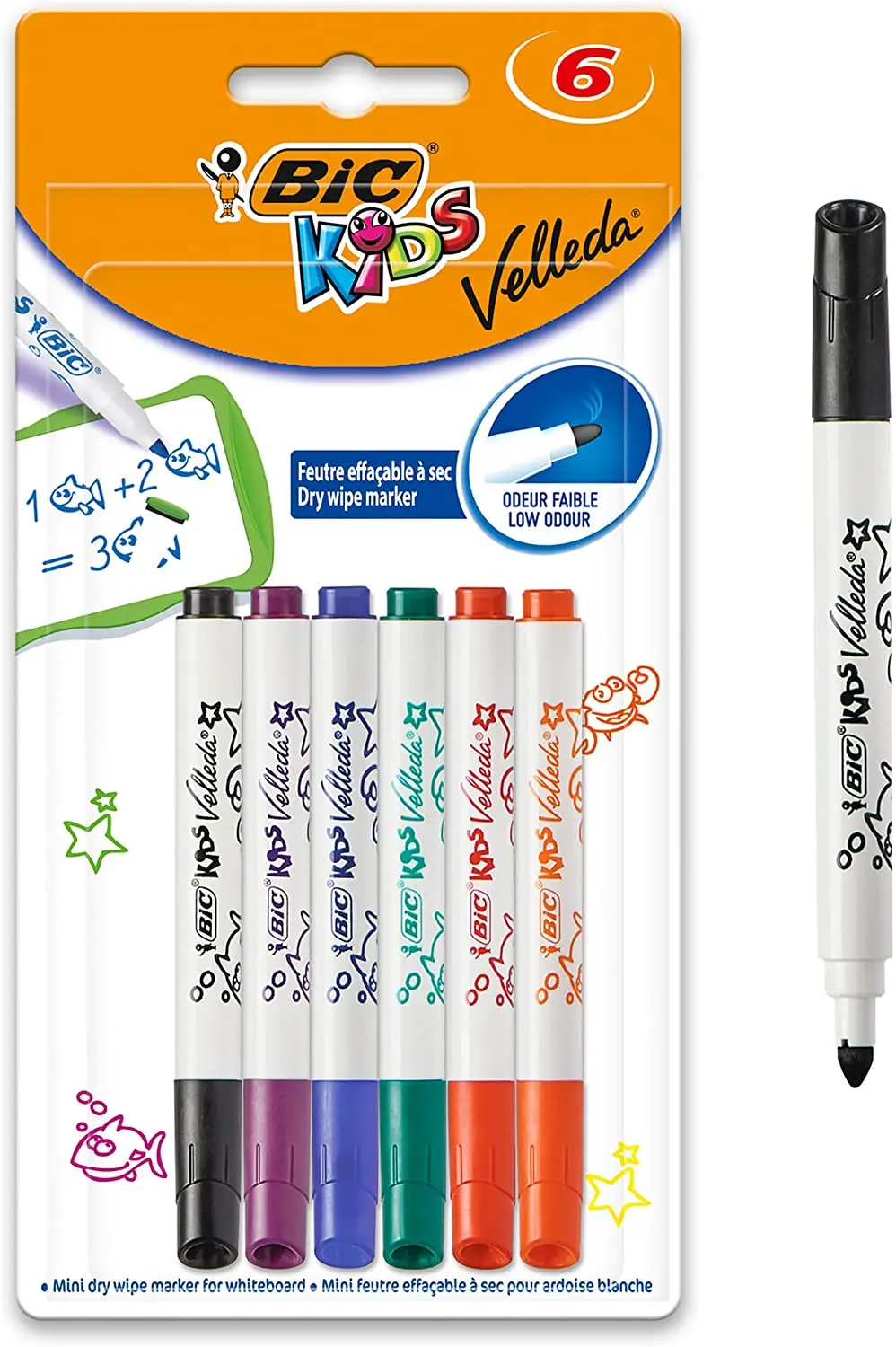 Bic Kids Mini Velleda Pack de 6 Rotuladores para Pizarra - Punta Bloqueada - Tinta con Base de Alcoh
