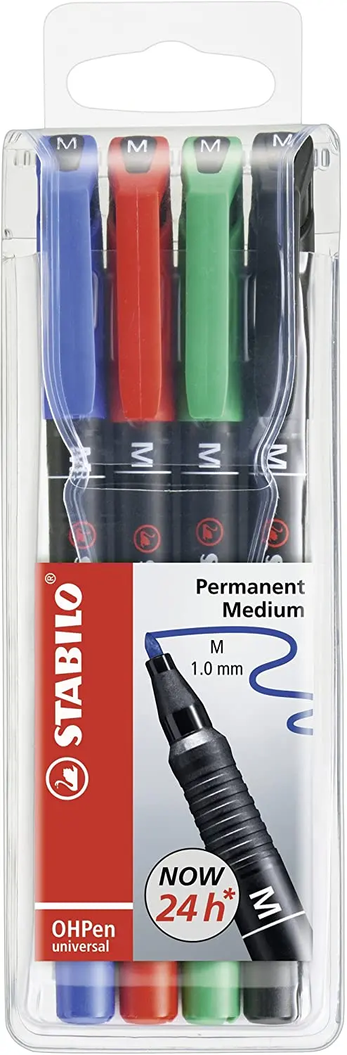Stabilo OHPen Pack de 4 Rotuladores Permanentes - Punta Media - Trazo de 1mm - Agarre Antideslizante