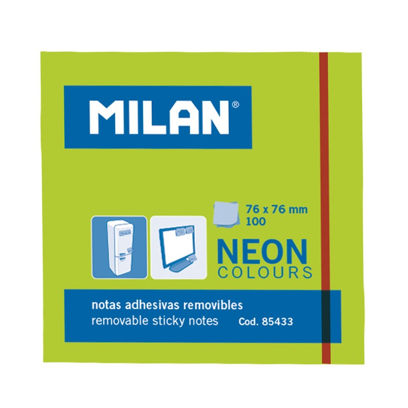 Milan Bloc de 100 Notas Adhesivas - Removibles - 76mm x 76mm - Color Verde Neon