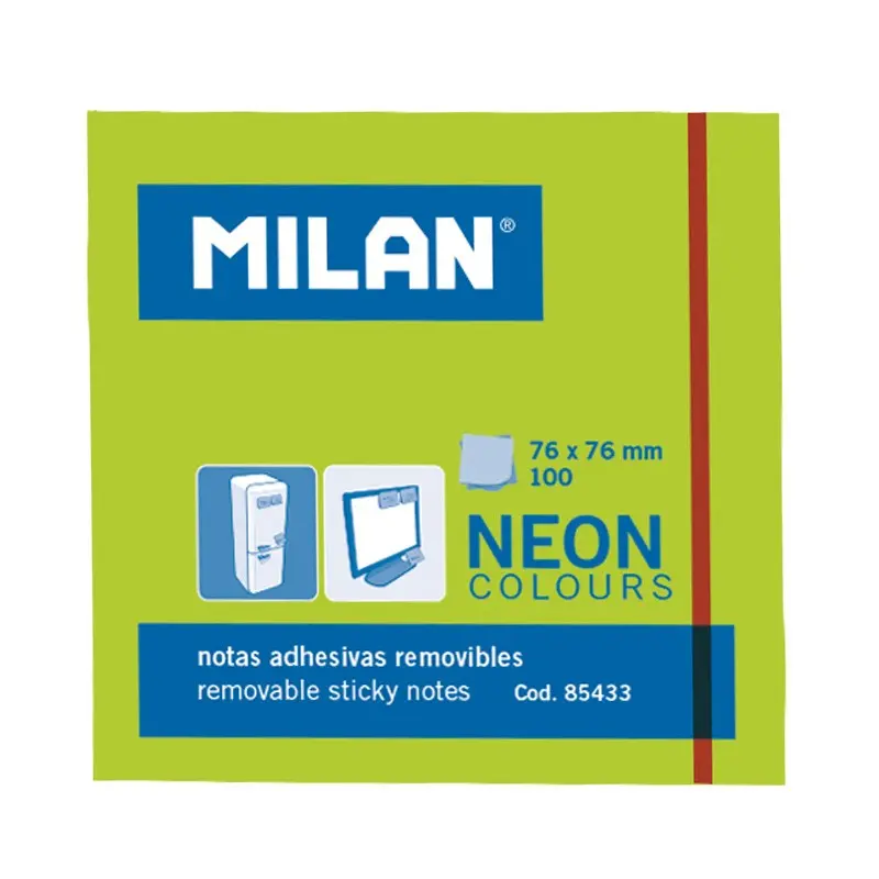 Milan Bloc de 100 Notas Adhesivas - Removibles - 76mm x 76mm - Color Verde Neon