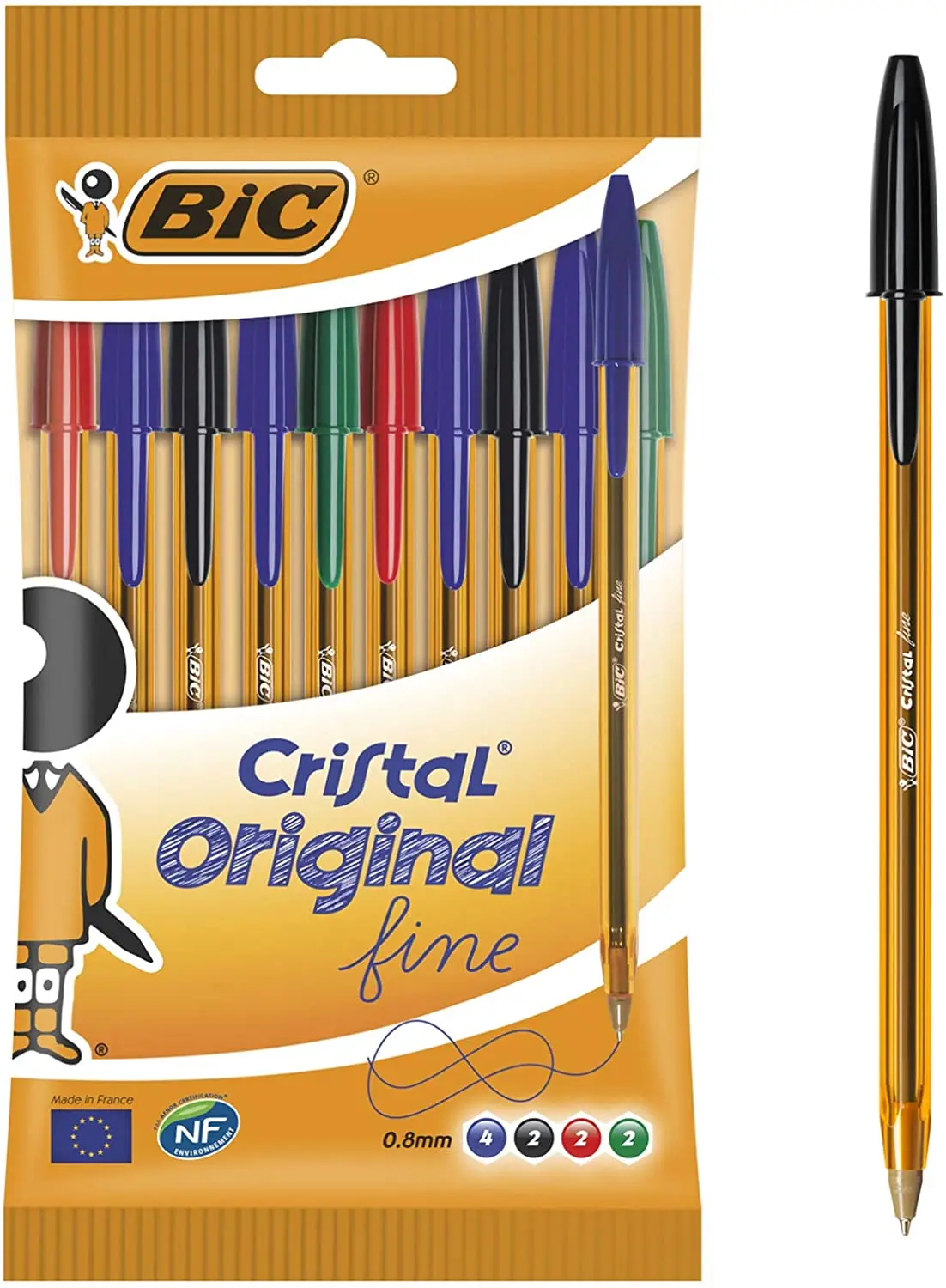 Bic Cristal Original Fine Pack de 10 Boligrafos de Bola - Punta Redonda de 0.8mm - Trazo de 0.30mm -