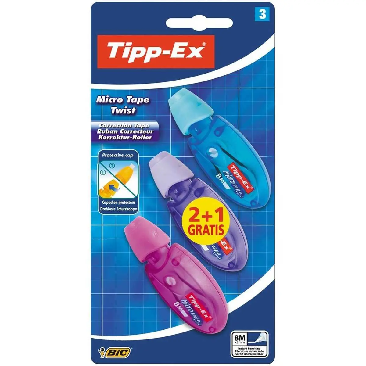 Tipp-Ex Micro Tape Twist 2+1 Pack de 3 Cintas Correctoras 5mm x 8m - Cabezal Rotativo - Escritura In