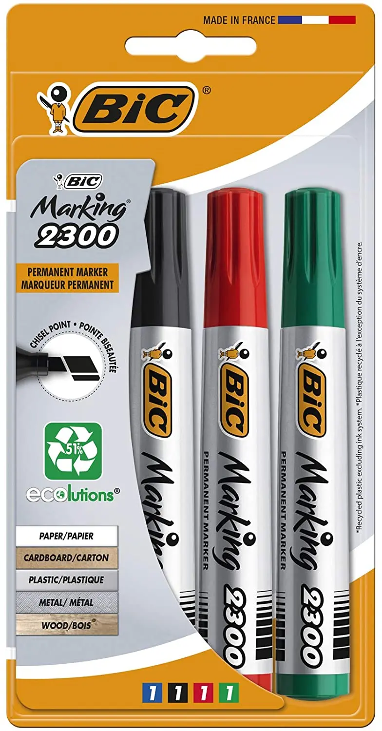 Bic Marking 2300 Ecolutions Pack de 4 Rotuladores Permanentes - Punta Biselada - Tinta con Base de A