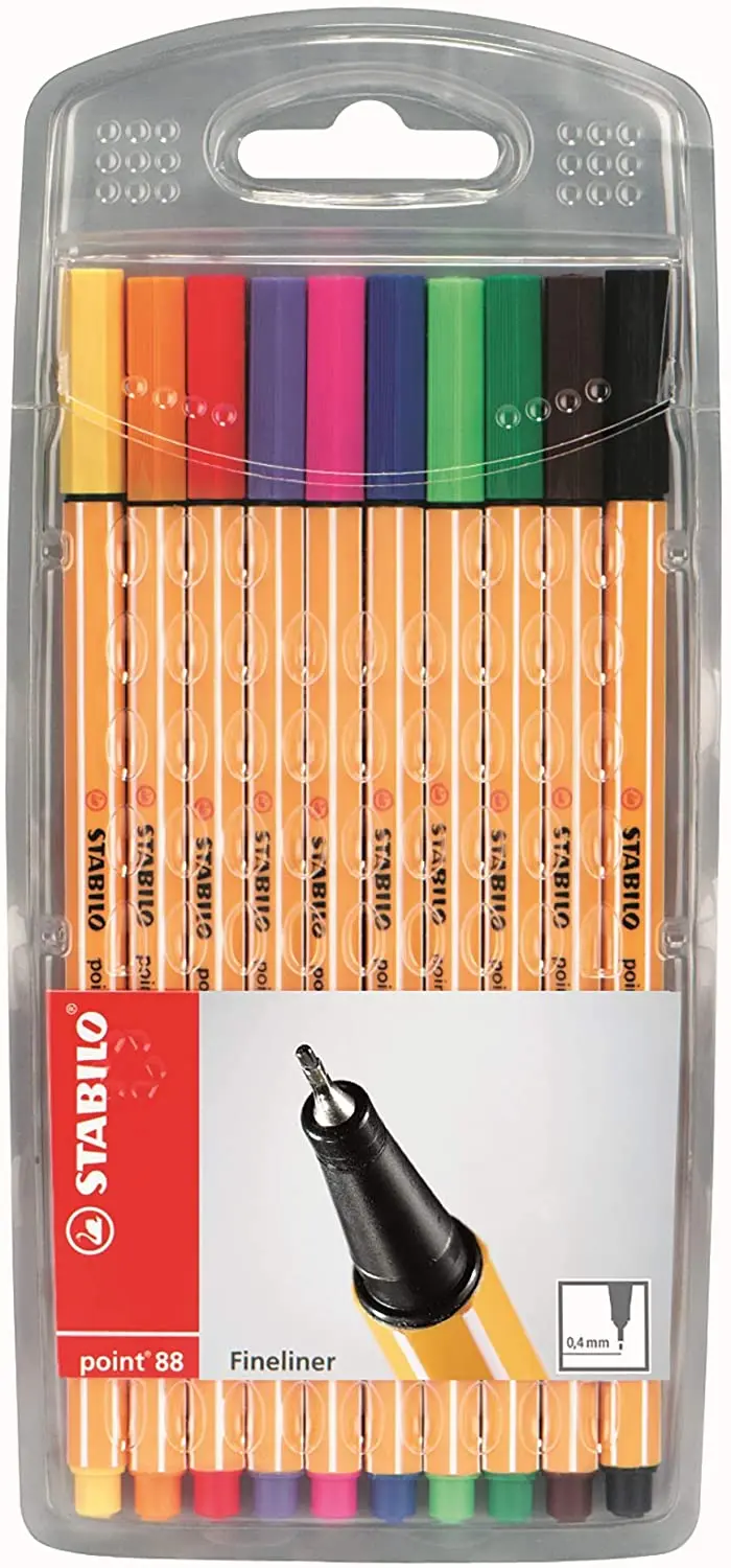 Stabilo Point 88 Pack de 10 Rotuladores de Punta Fina de Fibra - Trazo de 0.4 mm - Tinta con Base de