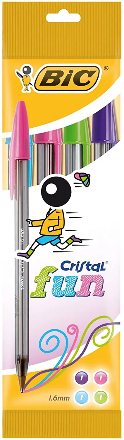 Bic Cristal Fun Pack de 4 Boligrafos de Bola - Punta Redonda de 1.6mm - Trazo 0.42mm - Tinta con Bas