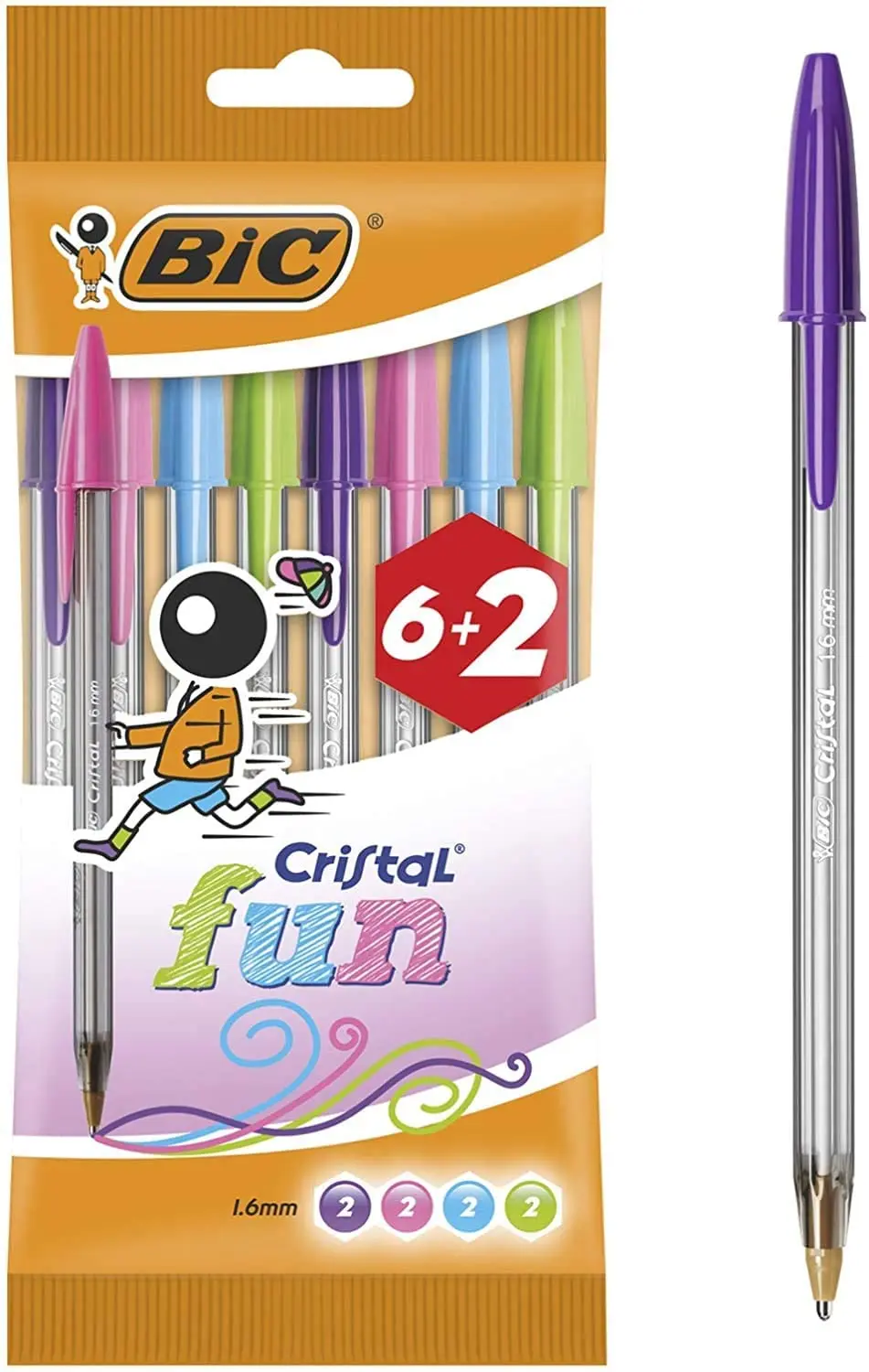 Bic Cristal Fun 6+2 Pack de 8 Boligrafos de Bola - Punta Redonda de 1.6mm - Trazo 0.42mm - Tinta con