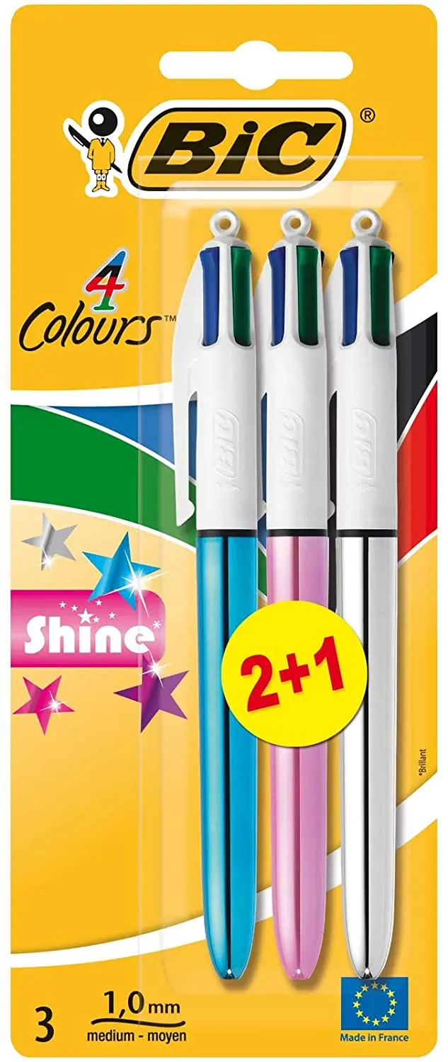 Bic 4 Colours Shine 2+1 Pack de 3 Boligrafos de Bola Retractil - Punta Media de 1.0mm - Tinta con Ba