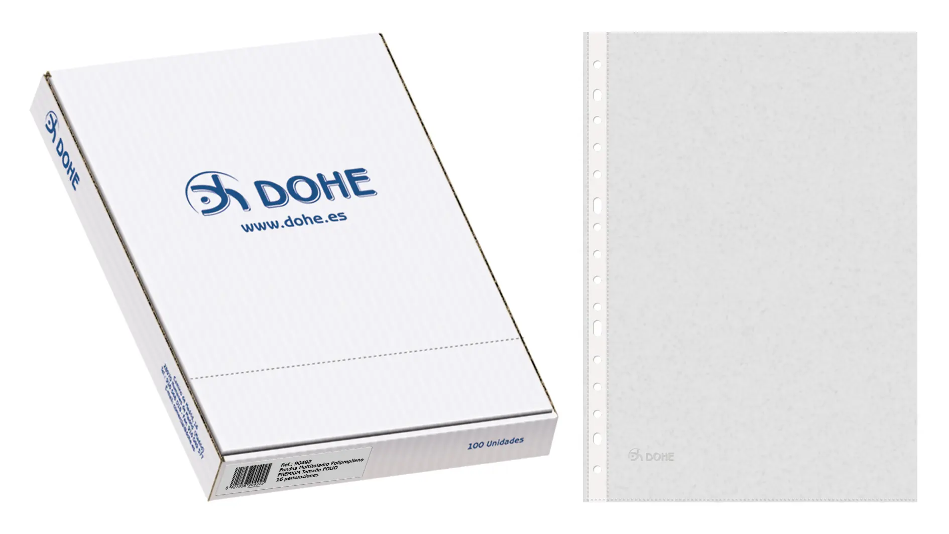 Dohe Caja de 100 Fundas Multitaladro Premium 80 Micras - Formato Folio - 16 Perforaciones - Transpar