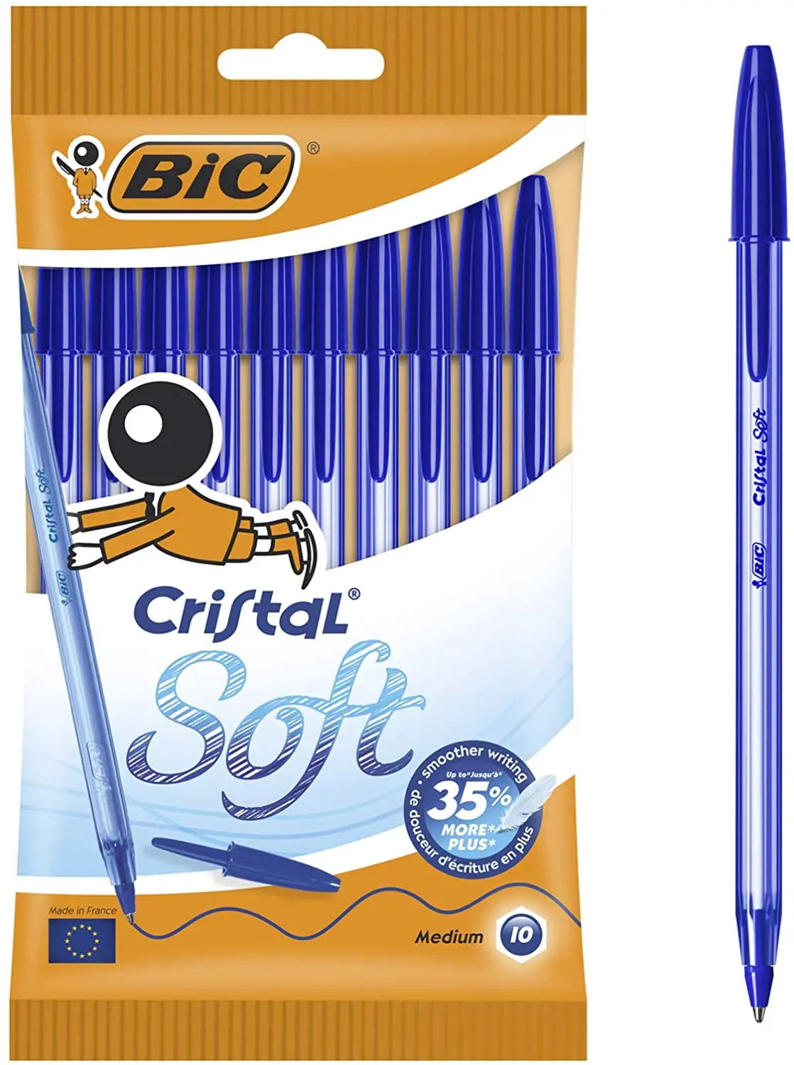 Bic Cristal Soft Pack de 10 Boligrafos de Bola - Punta Media de 1.2mm - Trazo 0.45mm - Escritura mas