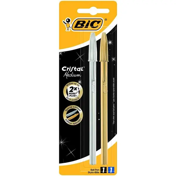 Bic Cristal Shine Pack de 2 Boligrafos de Bola - Punta Media de 1.0mm - Tinta con Base de Aceite - C