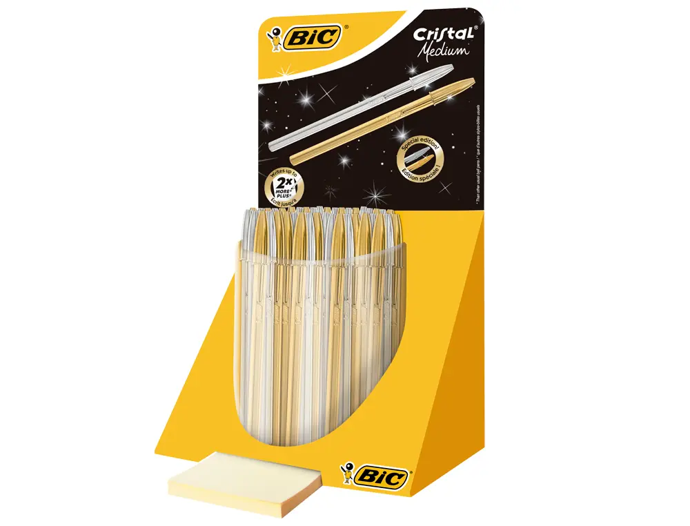 Bic Cristal Linea Celebration Expositor de 40 Boligrafos de Bola con Cuerpo Dorado y Plateado - Punt