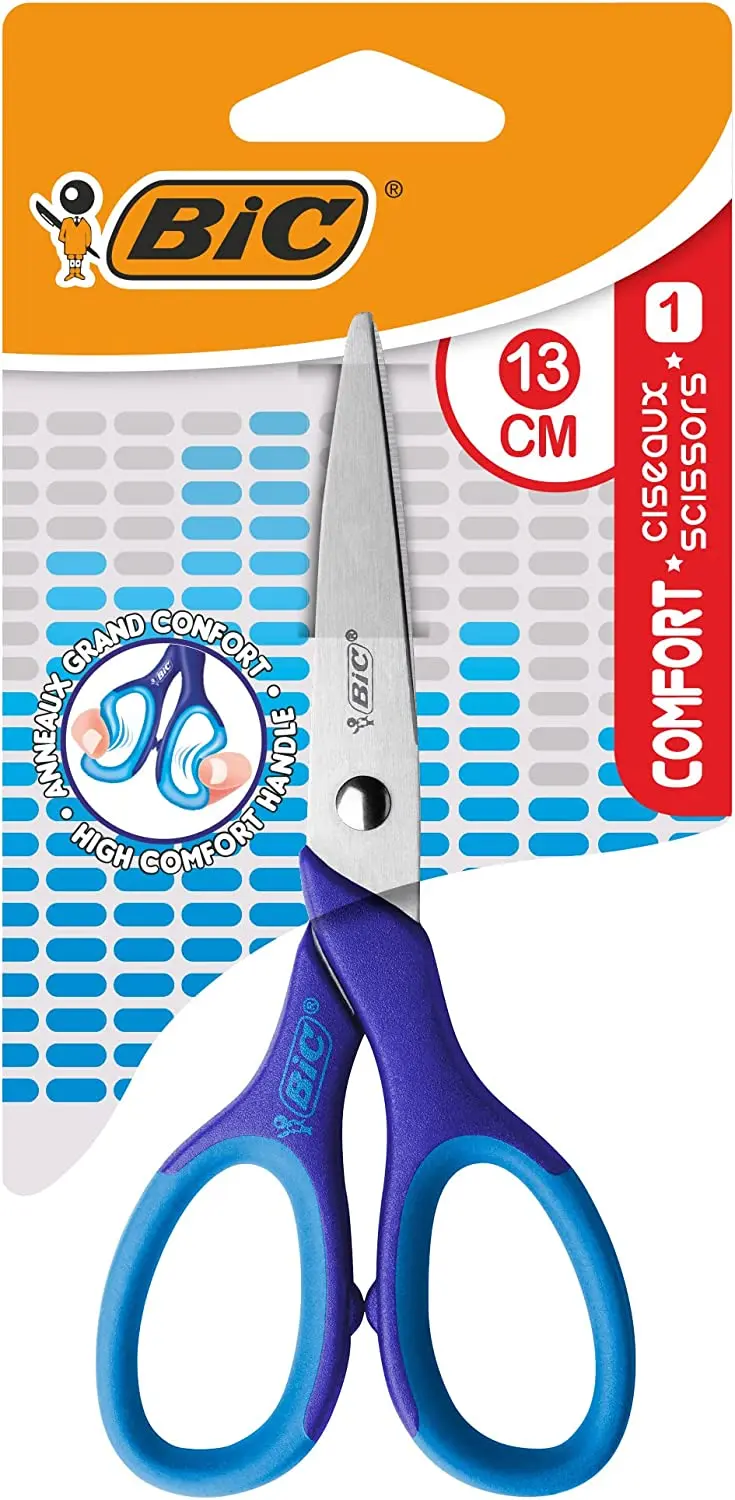 Bic Comfort Tijera Escolar 13cm - Mango Suave - Uso Diestro - Color Rosa /Azul Aleatorio