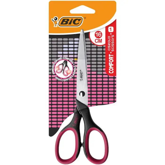 Bic Comfort Tijera Escolar 16cm - Mango Suave - Uso Diestro - Color Negro/Azul o Negro/Rosa Aleatori
