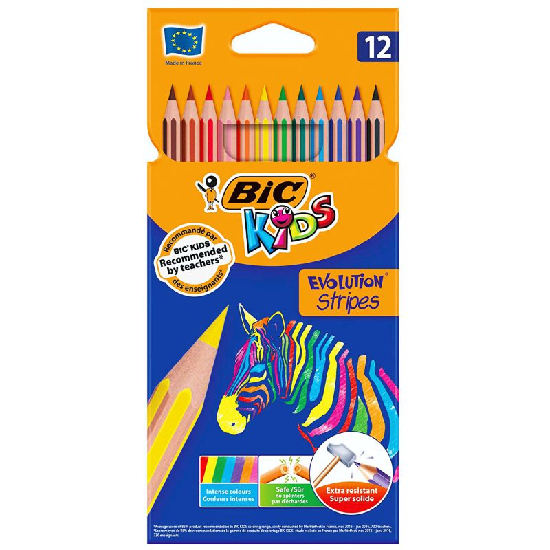 Bic Kids Evolution Stripes Caja de 12 Lapices de Colores Surtidos - Fabricados en Resina - Punta Ult