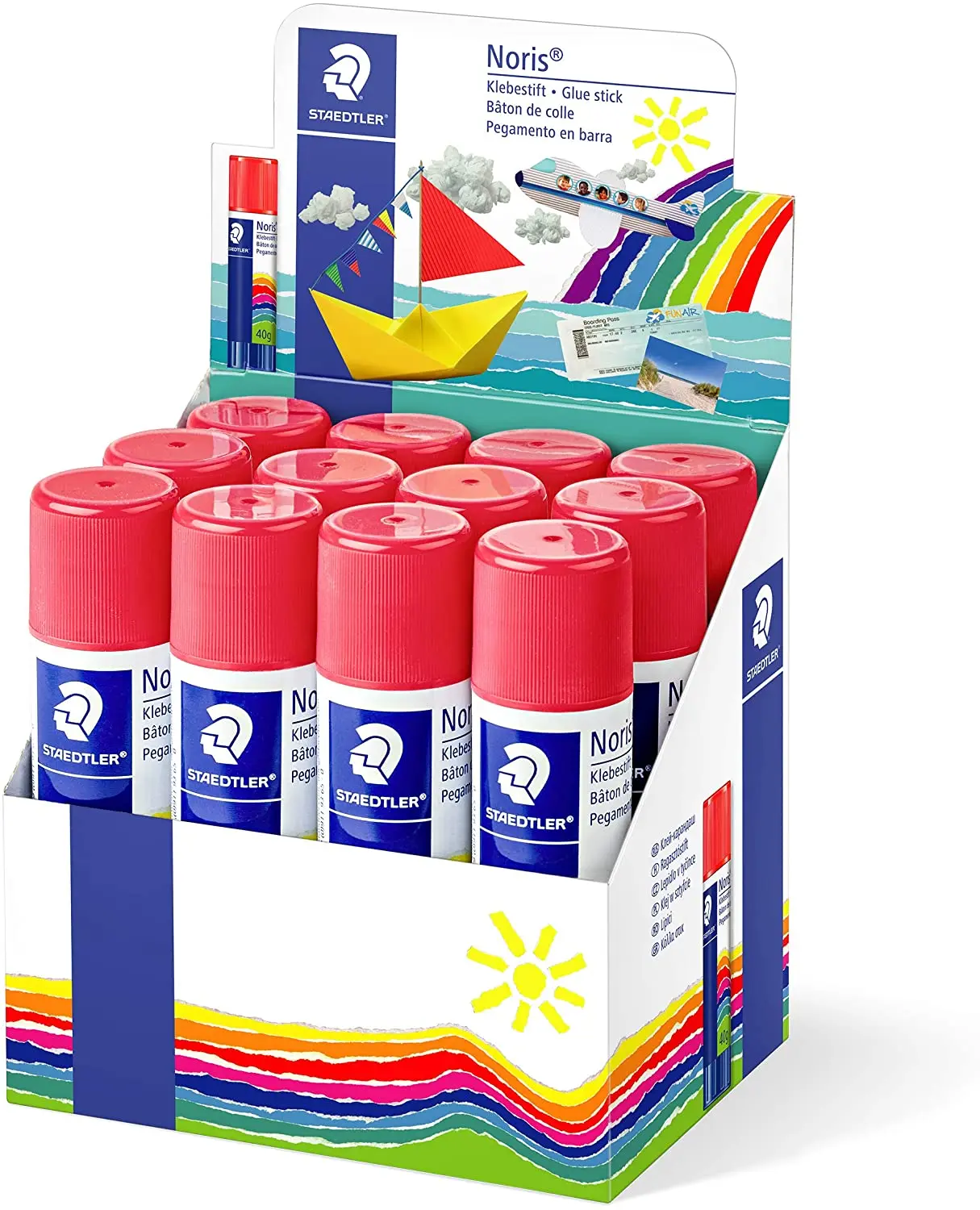 Staedtler Noris Expositor de 12 Barras de Pegamento 40gr - Sin Disolventes - Uso Escolar - Pega Pape