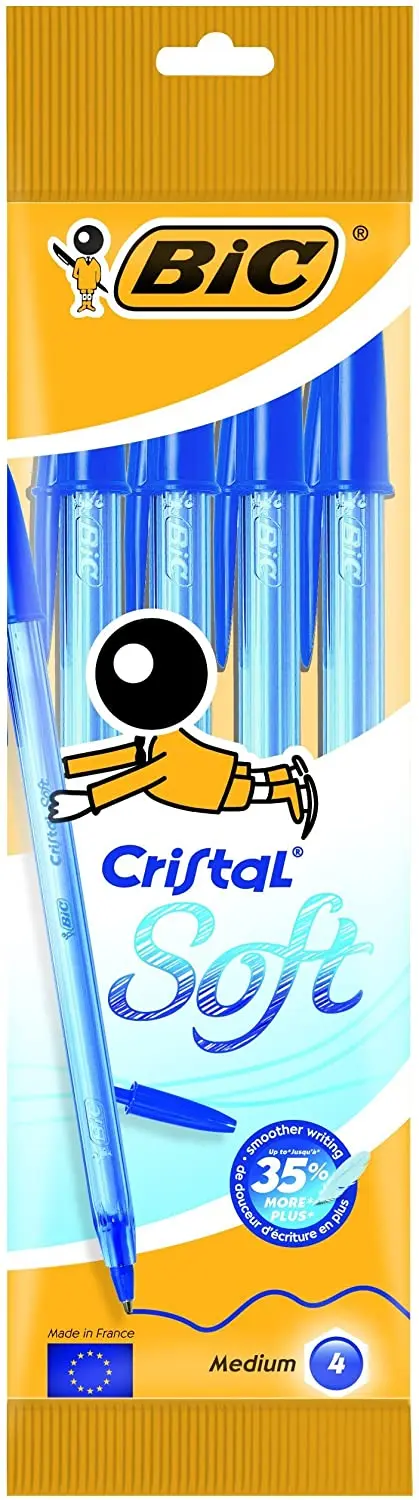 Bic Cristal Soft Pack de 4 Boligrafos de Bola - Punta Media de 1.2mm - Trazo 0.45mm - Escritura mas 