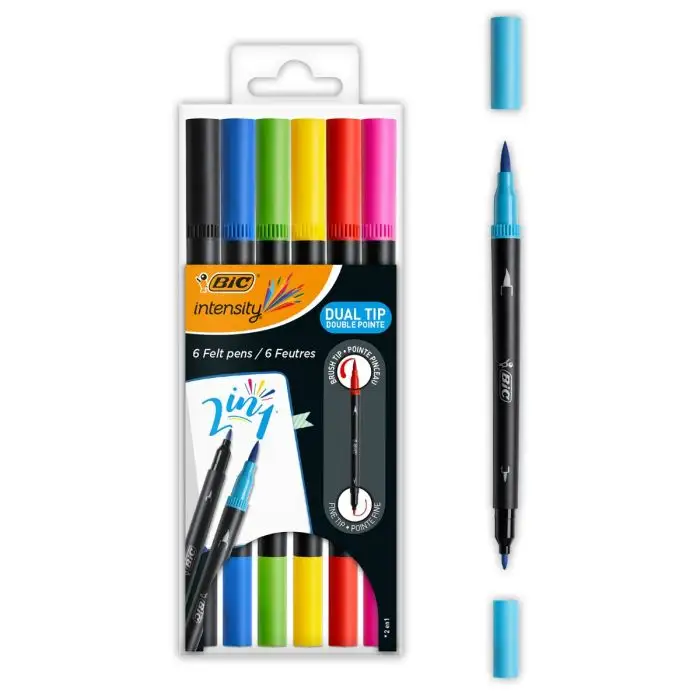 Bic Intensity Dual Tip Pack de 6 Rotuladores Doble Punta - Punta de Pincel + Punta Fina - Tinta con 