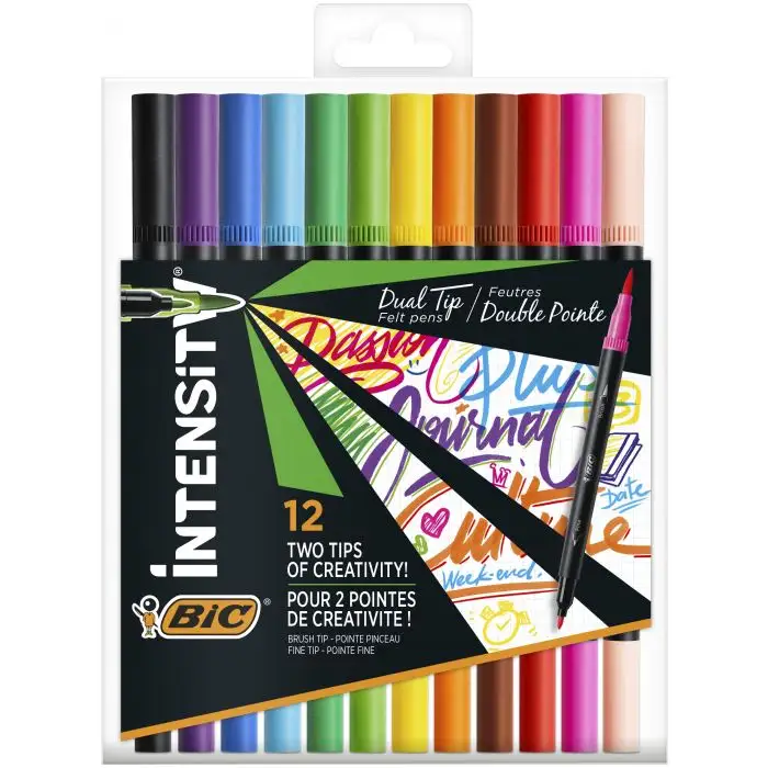 Bic Intensity Dual Tip Pack de 12 Rotuladores Doble Punta - Punta de Pincel + Punta Fina - Tinta con