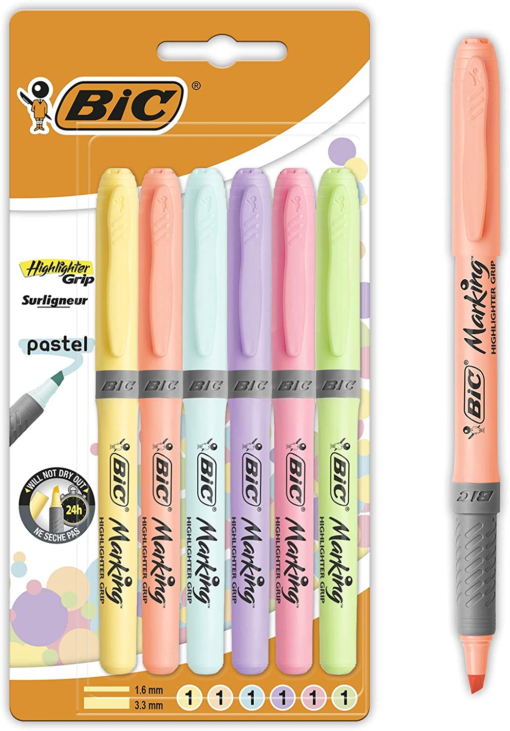 Bic Highlighter Grip Pack de 6 Marcadores Fluorescentes Pastel - Tinta con Base de Agua - Punta Bise