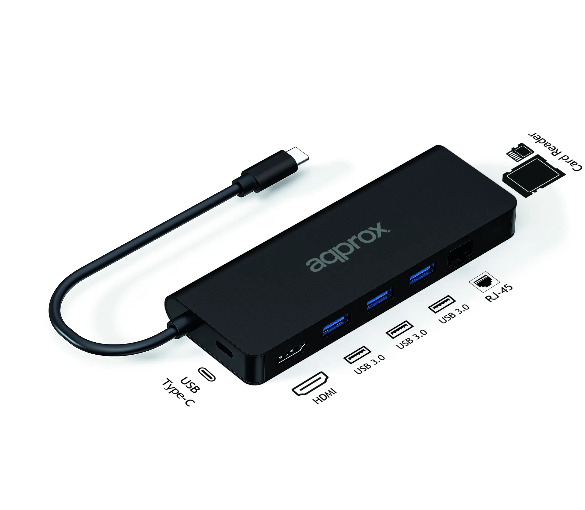 Approx 8 en 1 Hub USB-C con 3x USB-A 3.0 - 1x HDMI - 1x RJ-45 - 1x USB-C PD - Lector microSD y Lecto