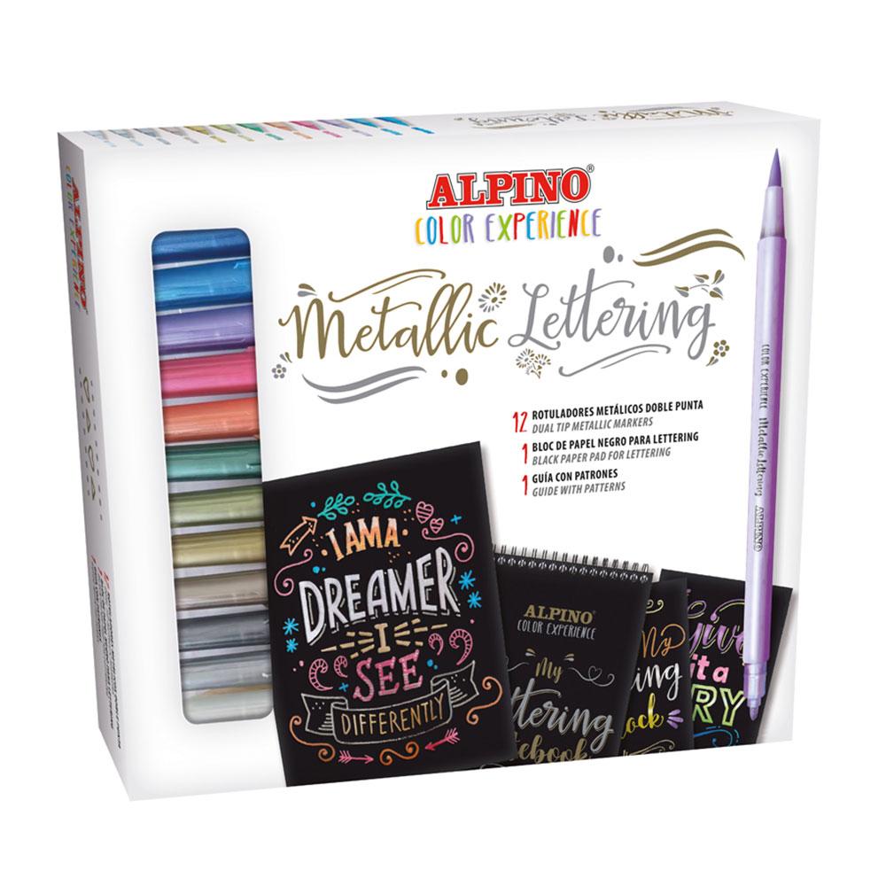 Alpino Color Experience Kit de Iniciacion al Lettering con 12 Rotuladores Metalicos de Doble Punta, 